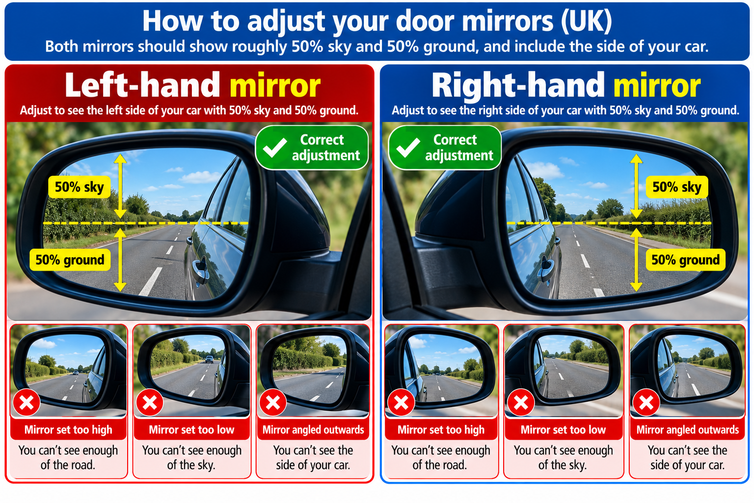 Diagram showing how to adjust the door mirrors, with the horizon at the middle and a sliver of the car's side visible.