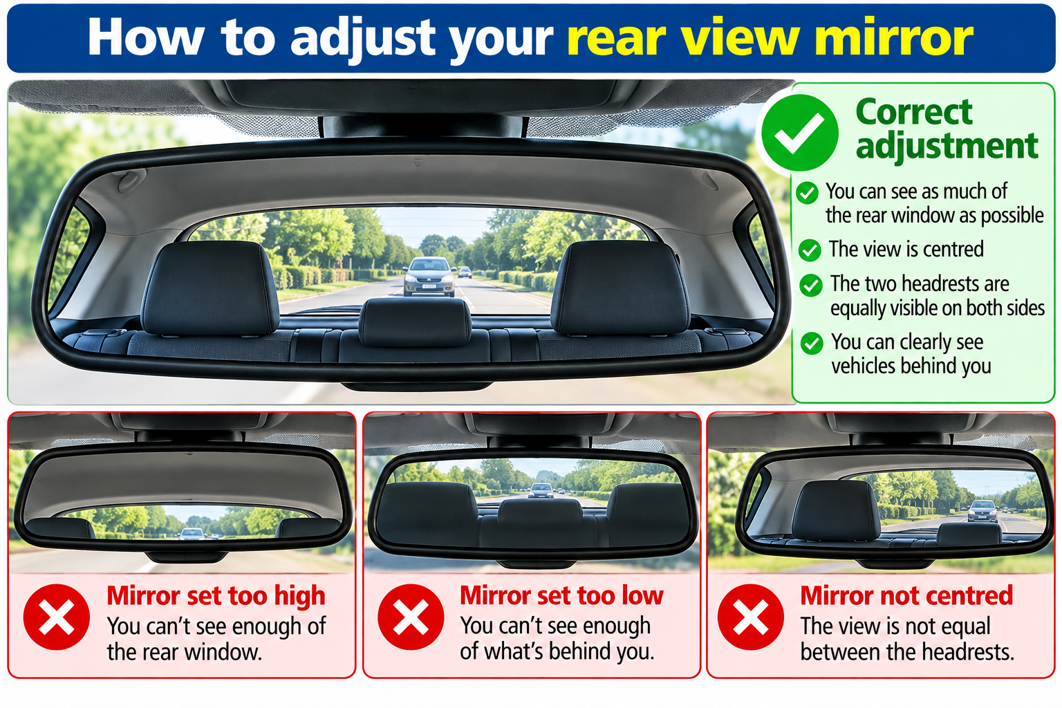 Diagram showing how to adjust the interior rear-view mirror so the whole rear window is framed in the mirror.