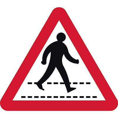 Red-bordered triangular warning sign showing a pedestrian walking over a crossing
