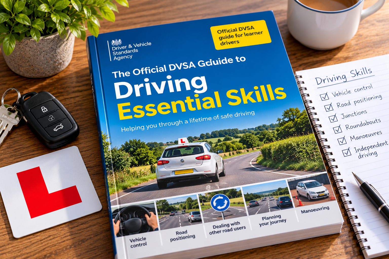 Learner driver study desk with the official DVSA driving guide, L plate, car key and notes