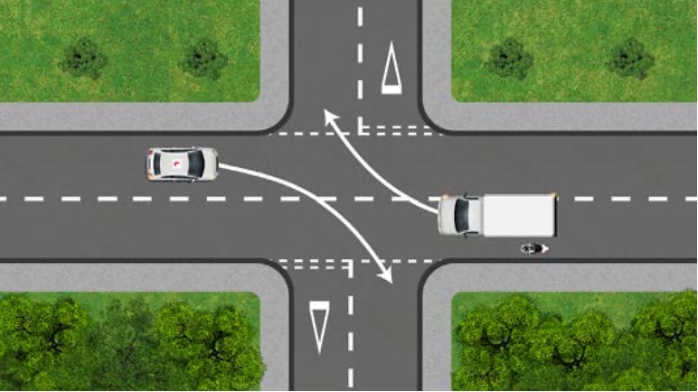 Cars turning right nearside to nearside, turning in front of each other