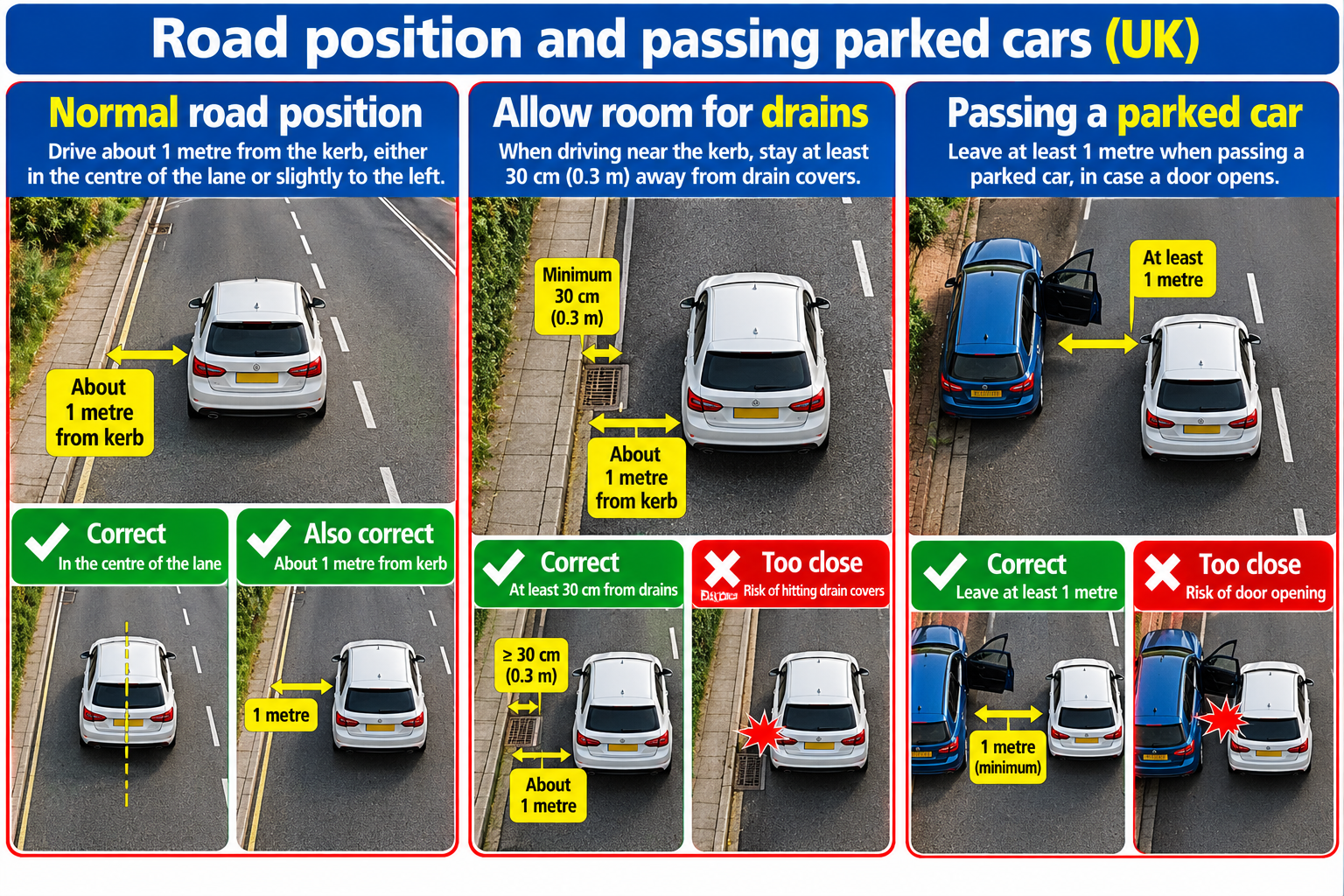 Diagram showing normal driving position: about one metre from the kerb or the centre of the lane, never less than 30 centimetres.