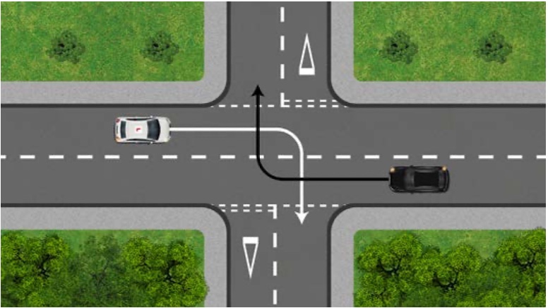 Cars turning right offside to offside, passing behind each other