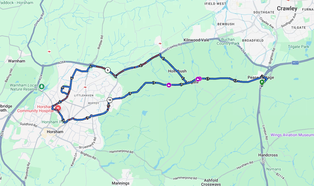 Map of Crawley driving test route 30 between Horsham and Pease Pottage