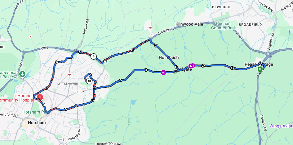 Map of Crawley driving test route 23 between Horsham and Pease Pottage