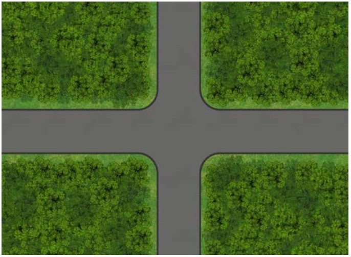 Uncontrolled crossroad with no signs, lines or traffic lights