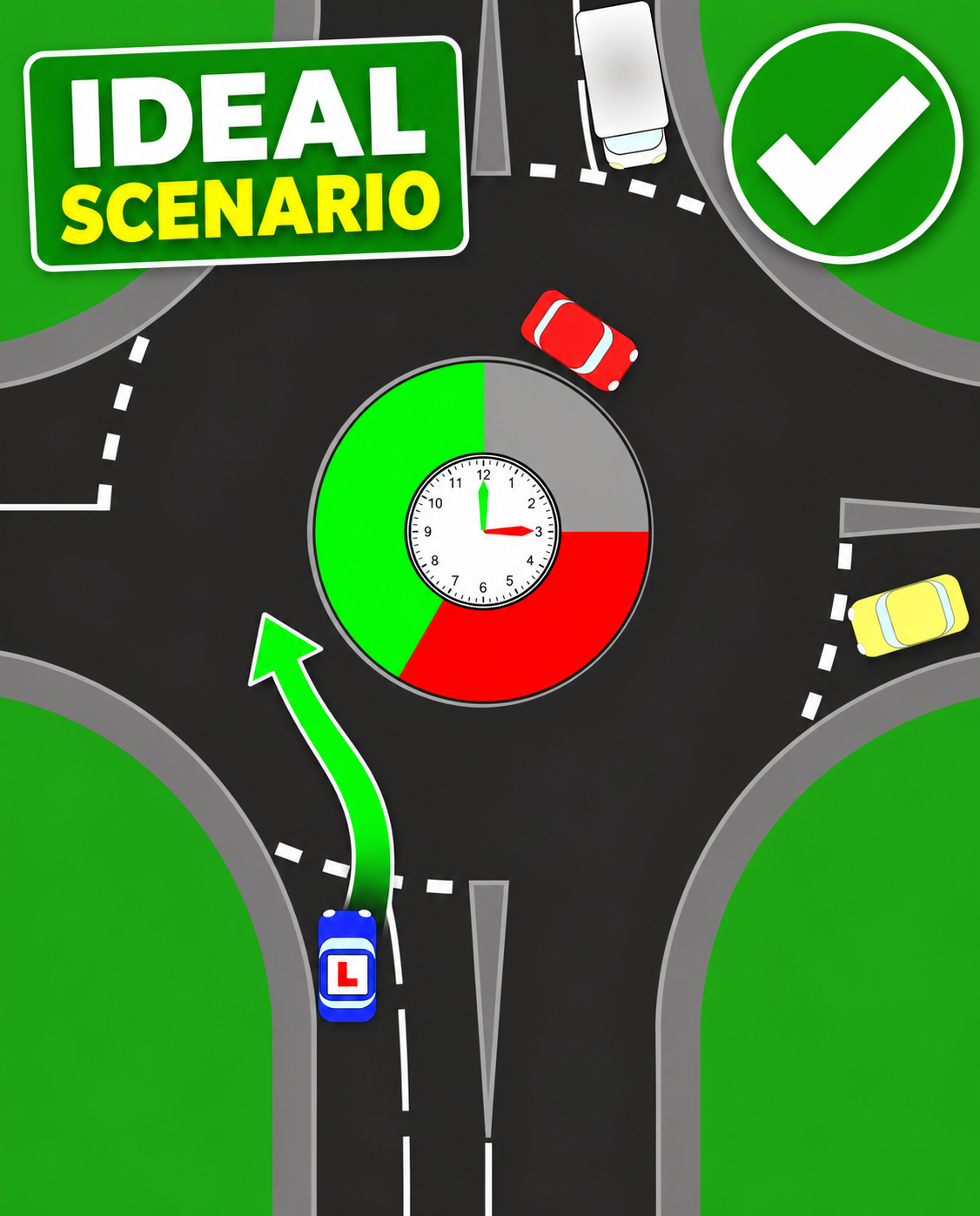 Overhead diagram of a roundabout with a central clock face showing the red danger zone clear from 3 to 7 o'clock. A blue learner car waits at the 6 o'clock entry with a green arrow to enter, while a red car circulating past 1 o'clock blocks a yellow car waiting at the 3 o'clock entry.