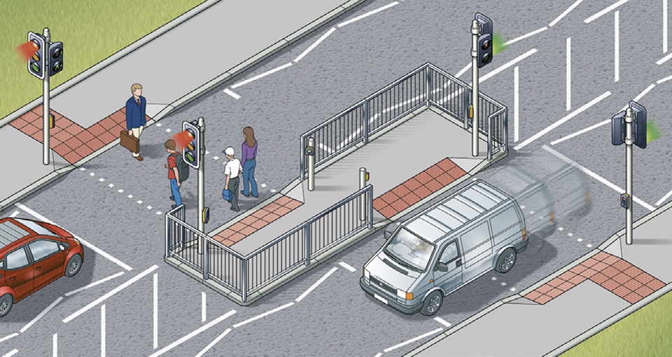 Staggered pelican or puffin crossing, which is two separate crossings