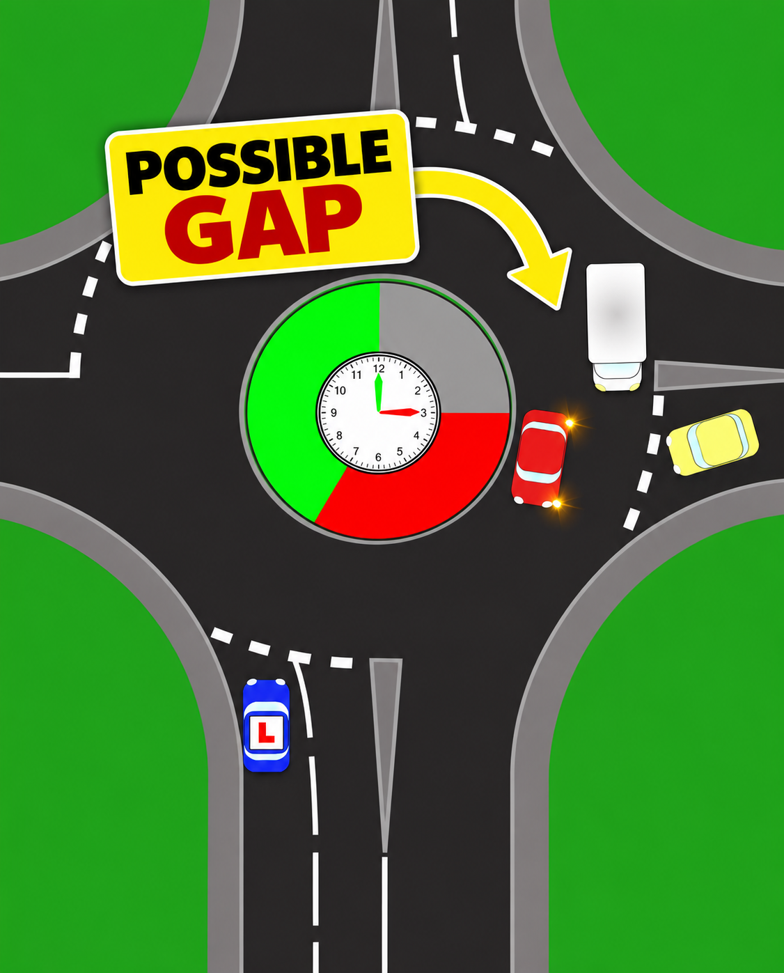 Overhead diagram of a roundabout with a clock face in the centre and a red danger zone from 3 to 7 o'clock. The learner car waits at the 6 o'clock entry, a red car in the danger zone around 3:30 has its left indicator on and is turning towards the exit in front of us, a white van is further round and a yellow car waits at the 3 o'clock entry. A badge reads POSSIBLE GAP.