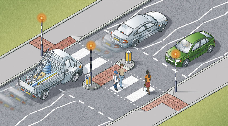Zebra crossing with a central island, which makes it two separate crossings